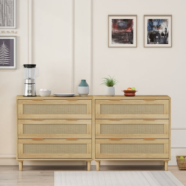 English Elm 3-Drawers Rattan Storage Cabinet Set Of 2 - Stylish Oak Cabinets For Bedroom, Living Room & More! W757S00025