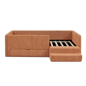 English Elm Twin Boucle Upholstered Kids Bed with Guardrails Built in Storage and Cushioned Step Stool Orange W1413P433367