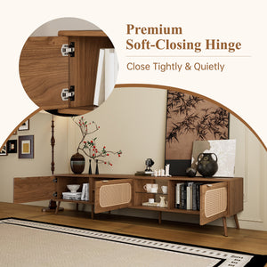 English Elm 78" Rattan TV Stand for 75-85" TVs with Glass Shelves, Solid Wood Legs, Soft-Close Doors, Walnut Finish N710P298238P