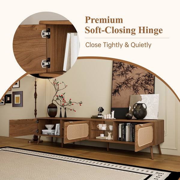 English Elm 78" Rattan TV Stand for 75-85" TVs with Glass Shelves, Solid Wood Legs, Soft-Close Doors, Walnut Finish N710P298238P