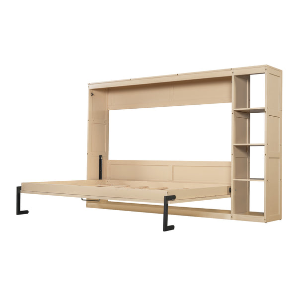 English Elm Full Full Size Murphy Bed with Bookshelf and Fold-Down Work Surface, Space-Saving LVL/MDF Design Natural GX002220AAN