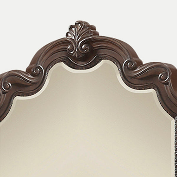English Elm Mohogany Ornate Mirror with Beveled Glass and Scrolling Solid Wood Frame in Rich Mahogany Finish B2699P230440
