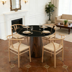 English Elm Table and Chair Set 42 Inch Round Stone Look Top with Wishbone Iron Dining Chairs W2920S00143