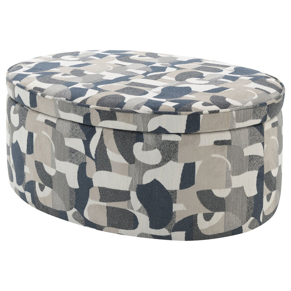 English Elm St. Helena Indigo Blue Oval Upholstered Storage Ottoman with Removable Padded Top and Patterned Fabric Elegance B062P299867