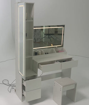 English Elm Full Bedroom Vanity Set with Led Round Mirror Touch Lighting Stool and Cabinet Storage White W3258S00007