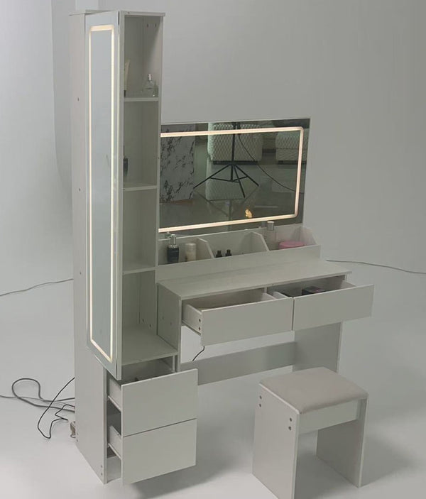 English Elm Full Bedroom Vanity Set with Led Round Mirror Touch Lighting Stool and Cabinet Storage White W3258S00007