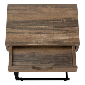 English Elm Accent C-Shaped End Table with Slide-Under Base, Reclaimed Brown Laminate Top & Drawer Storage, Black Metal Frame for Sofa Side Convenience and Modern Living Room Use B2710P219357
