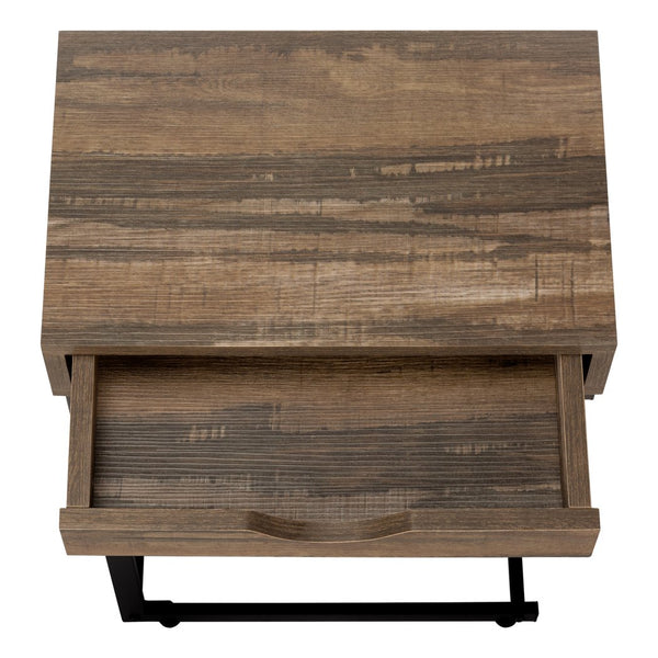 English Elm Accent C-Shaped End Table with Slide-Under Base, Reclaimed Brown Laminate Top & Drawer Storage, Black Metal Frame for Sofa Side Convenience and Modern Living Room Use B2710P219357