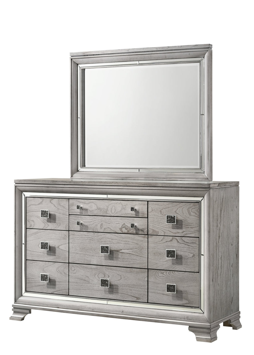 English Elm Contemporary Light Gray Brown 6-Drawer Mirrored Dresser with Faux Crystal Pulls — Glam Solid Wood Chest B011P216681