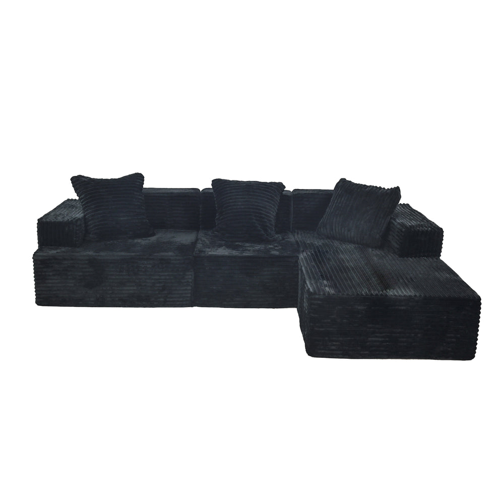 English Elm Compression Sectional Couch Plush Corduroy Chaise L-Shape Sleeper, Deep Seat Modular Sofa Black W3341P346292