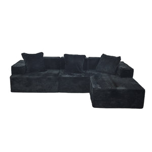 English Elm Compression Sectional Couch Plush Corduroy Chaise L-Shape Sleeper, Deep Seat Modular Sofa Black W3341P346292