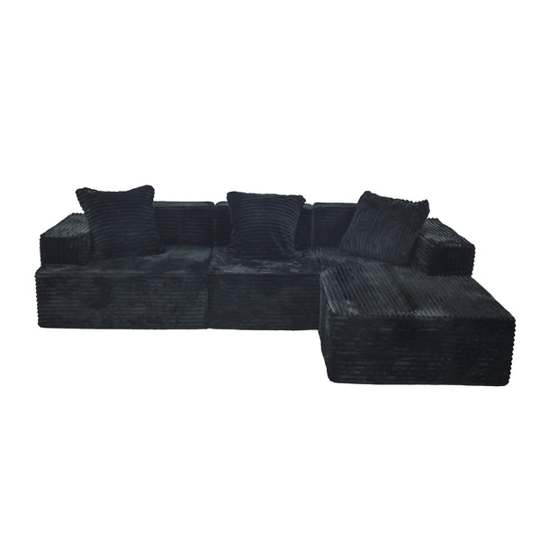English Elm Compression Sectional Couch Plush Corduroy Chaise L-Shape Sleeper, Deep Seat Modular Sofa Black W3341P346292
