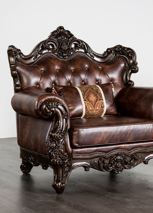 English Elm Traditional Carved Tufted Accent Chair with Rolled Arms, Nailhead Trim and Elegant Upholstery Brown,Cherry 52 L x 43 W x 27 H B2741P380805