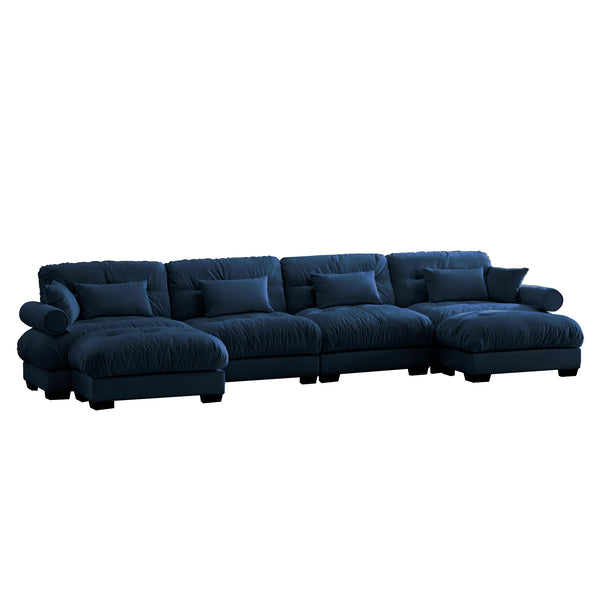 English Elm U Cloud Sectional Sofa with Movable Ottomans, Deep Velvet 4‑Seat Convertible Corner Couch, Plush Support and Bolster Arms Blue W714S01121