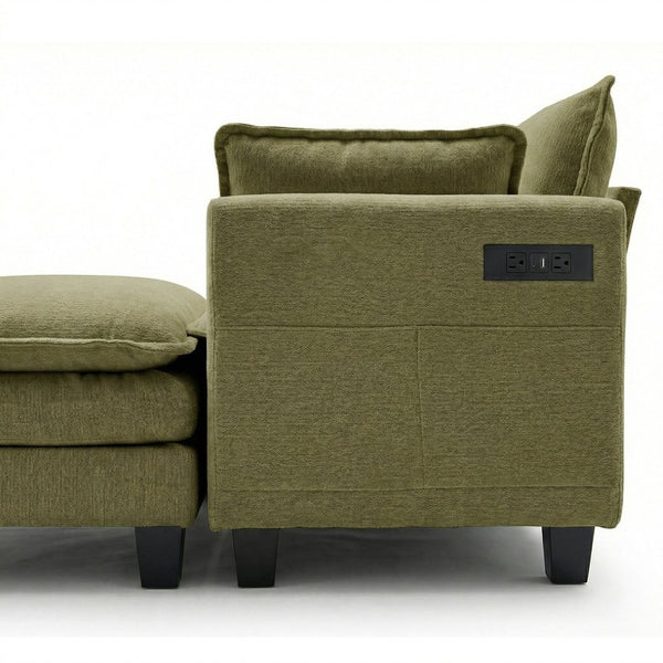 English Elm Modern Chenille Three Seat Sofa with Ottoman Usb Charging Ports and Storage Pockets Green W2519S00005