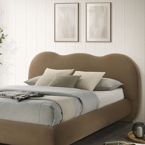 English Elm Brown Boucle Eastern King Bed Camel Back Headboard Round Bun Feet Upholstered Frame Brown B2741S00833