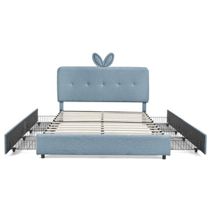 English Elm Full Size Kids Storage Bed Boucle Upholstered Rabbit Ear Headboard with Led Lighting Navy W1413P384925