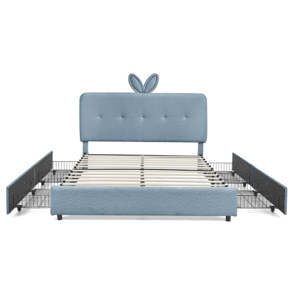 English Elm Queen Boucle Upholstered Kids Bed with Rabbit Ear Headboard Led Lighting Storage Drawers Navy W1413P384928