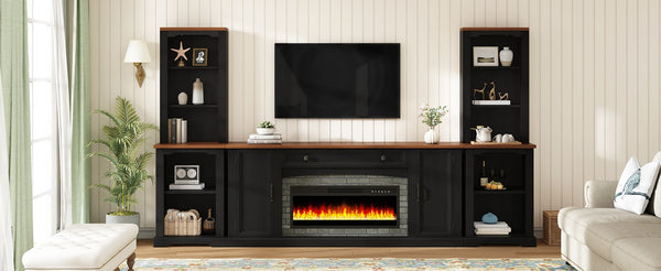 English Elm 3-piece Farmhouse Entertainment Center with Curved Cabinets Walnut Mdf Modular Living Room Black N721S000072B