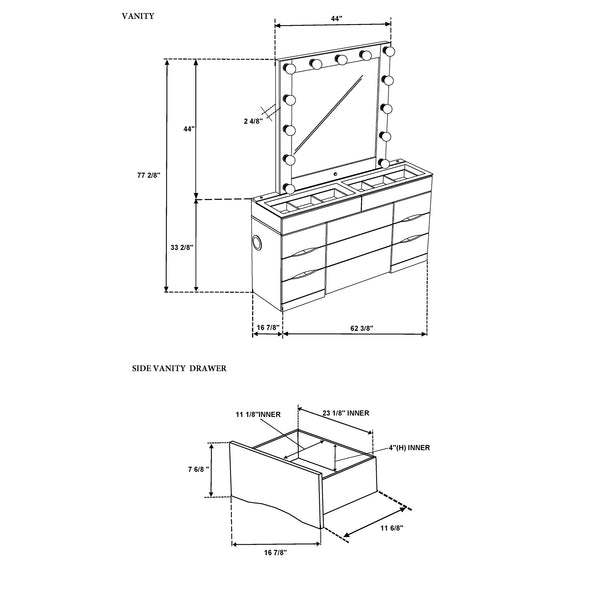 English Elm ELISA LED Vanity Set with Stool, Solid Wood & Glass Top, Built-In Speakers and Spacious Storage Black 30.75 L x 19.69 W x 28.86 H B201S00355