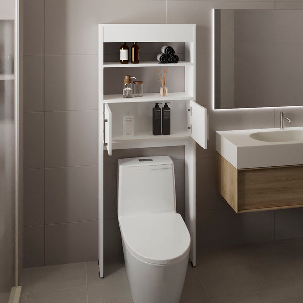 English Elm Over The Toilet Cabinet 63" H White Engineered Wood, Slim 24.56"W x 8"D, Two Shelves, Double Door B097P296806