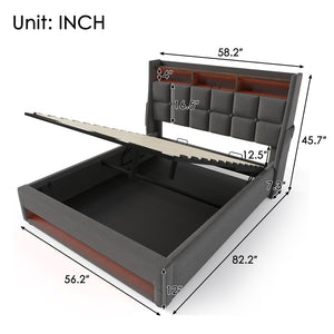English Elm Full Upholstered Platform Bed with Hydraulic Storage, LED Lighting, USB Ports, Linen Wood Metal Design Grey AA20690708G