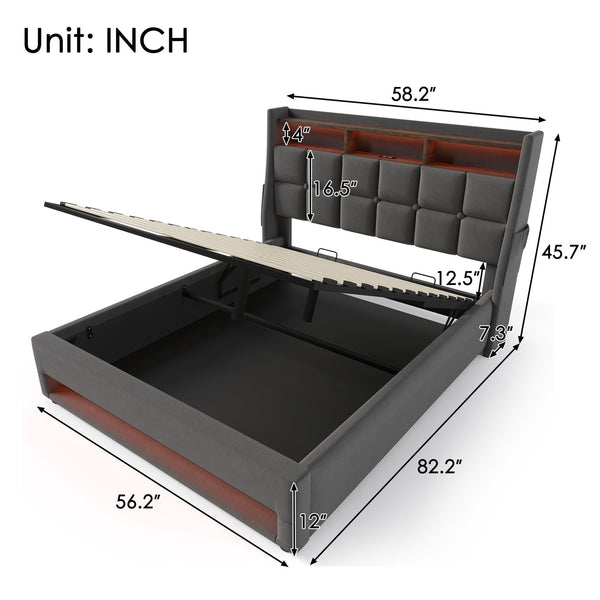 English Elm Full Upholstered Platform Bed with Hydraulic Storage, LED Lighting, USB Ports, Linen Wood Metal Design Grey AA20690708G