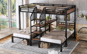 English Elm Full Xl Over Twin Triple Metal Bunk Bed with Storage Stairs and Shelves Black W1580S00546