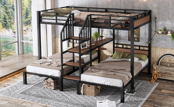 English Elm Full Xl Over Twin Triple Metal Bunk Bed with Storage Stairs and Shelves Black W1580S00546
