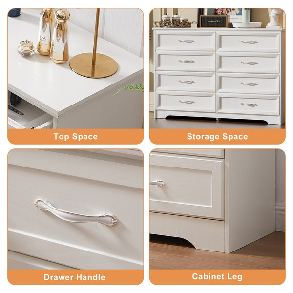 English Elm Modern Elegant Chest of Drawers with Antique Gold Knobs, 8-Drawer Durable Clothes Organizer, Waterproof Finish White W1668P182257