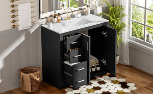 English Elm 36'' Bathroom Vanity with Ceramic Sink Combo, Solid Wood Frame, Soft-Close Drawers and Stylish Retro Groove Design Black N710P291684B