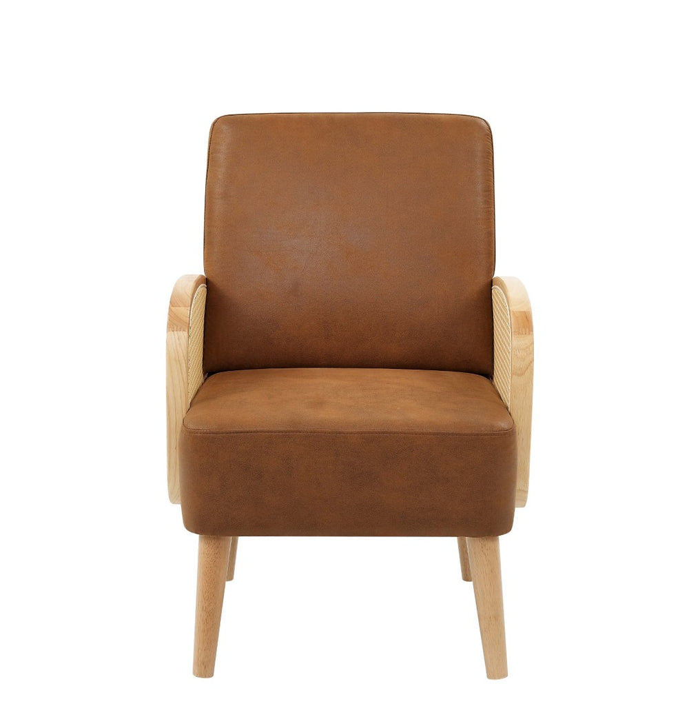 English Elm Faux Leather Accent Chair with Woven Rattan Arms and Tall Wooden Legs for Living Room B2748P493704