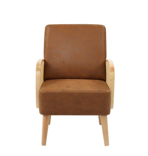 English Elm Faux Leather Accent Chair with Woven Rattan Arms and Tall Wooden Legs for Living Room B2748P493704
