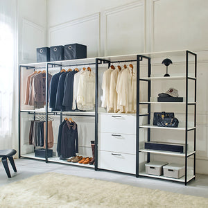 English Elm Fiona 143" W White Freestanding 4-Tower Walk-In Closet System — 8 Shelves, Eco Wood + Powder Metal Frame B040S00086