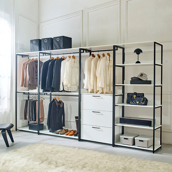 English Elm Fiona 143" W White Freestanding 4-Tower Walk-In Closet System — 8 Shelves, Eco Wood + Powder Metal Frame B040S00086