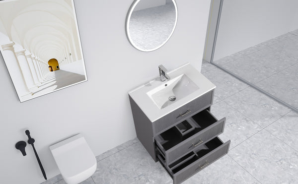 English Elm 30 Inch Bathroom Vanity With Ceramic Sink Combo - Modern Gray Freestanding Storage Cabinet Set W1550S00046