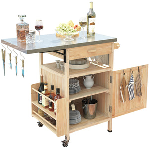 English Elm K&K 40.5" Outdoor Grill Cart with 201 Stainless Top, Solid Fir Storage, Drop Leaf & Lockable Wheels Natural N707P228272Y
