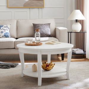 English Elm Traditional Round Coffee Table with Open Shelf, 2-Tier Solid Wood Accent Table for Small Spaces White W1693P216918