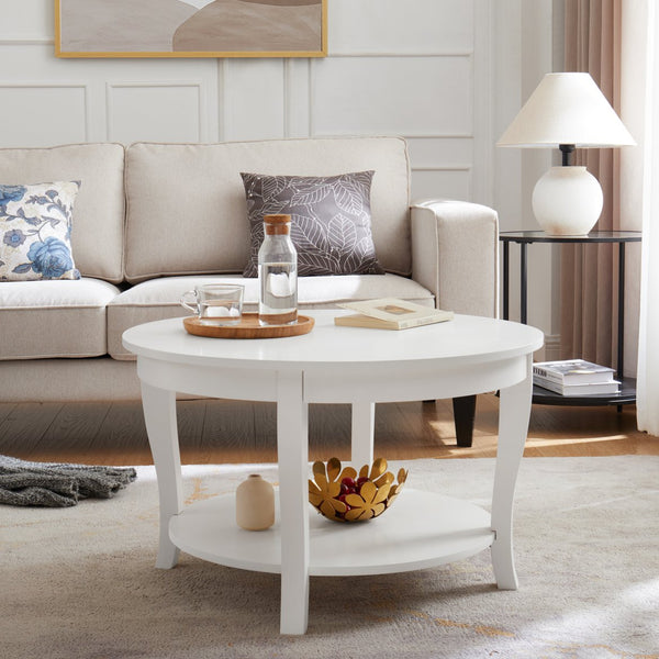 English Elm Traditional Round Coffee Table with Open Shelf, 2-Tier Solid Wood Accent Table for Small Spaces White W1693P216918