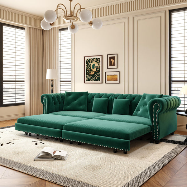 English Elm Chesterfield 3-In-1 Convertible Sleeper Sofa Bed With Movable Ottoman & Pillows - Stylish Green Velvet W1885S00176
