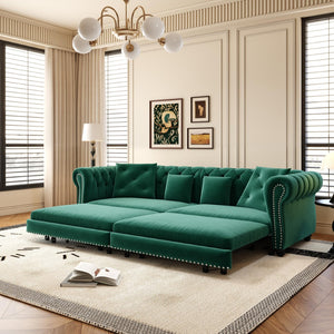 English Elm Chesterfield Tufted Velvet Sleeper Sofa King Convertible with Movable Ottoman 3 Seat W1885S00444