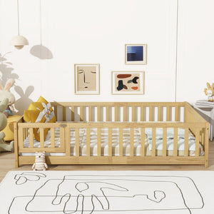 English Elm Twin Size Rubberwood Floor Bed with Safety Fence for Toddler Rooms Natural Finish W504P370533