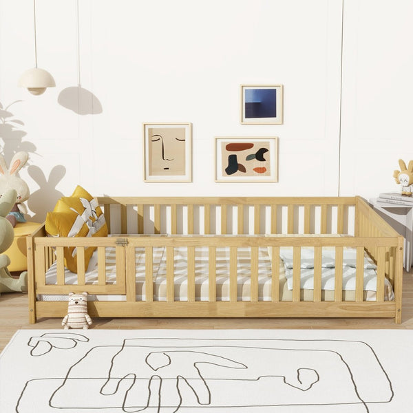 English Elm Twin Size Rubberwood Floor Bed with Safety Fence for Toddler Rooms Natural Finish W504P370533
