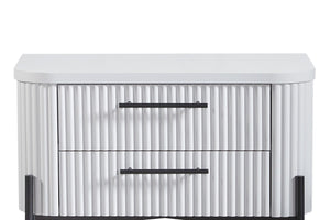 English Elm 2 Drawer Nightstand with USB Type C — White Solid Wood & MDF, Reeded Fronts, Cedar Lined Drawer, Metal Base B2699P270991