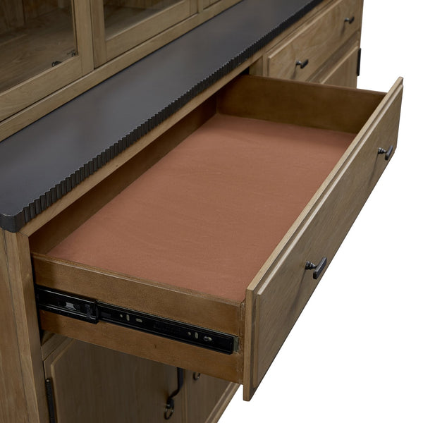 English Elm 2 Piece Cabinet Hutch and Buffet Cashew — Solid Wood + MDF, Concrete Top, Framed Glass Display, Ample Storage Almond 74.75 L x 17.5 W x 45 H B2699S00095
