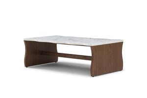 English Elm 47.24" Whisper Of Waves Modern Coffee Table – Elegant White Faux Marble & Walnut Base For Any Space W2664P346445