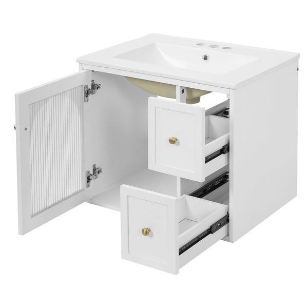 English Elm 24" Floating Bathroom Vanity with Ceramic Sink Two Drawers White Mdf Cabinet N710P286704K