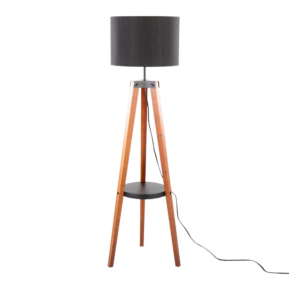 English Elm Compass Mid-Century Floor Lamp with Shelf, Tripod Wood Legs, Linen Shade, LED Included, Stylish Accent Black B202S01361