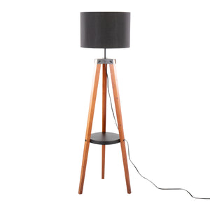 English Elm Compass Mid-Century Floor Lamp with Shelf, Tripod Wood Legs, Linen Shade, LED Included, Stylish Accent Black B202S01361