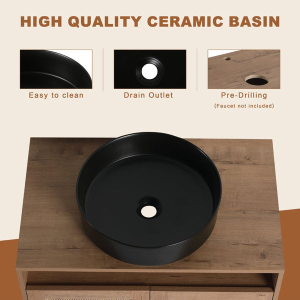 English Elm 30" Floating Bathroom Vanity Set with Ceramic Vessel Sink and Rattan Side Cabinet W999S00496